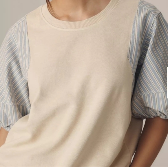 NWT Pilcro Woven Crewneck Puff-Sleeve Top in Beige and Blue Stripe Size L - Picture 4 of 8